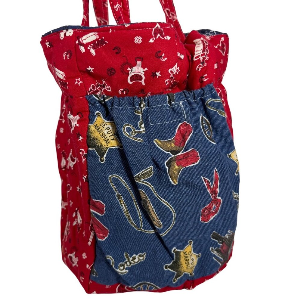 Handmade Reversible Patchwork Cotton Tote Bucket Bag Bandana Western Music Theme